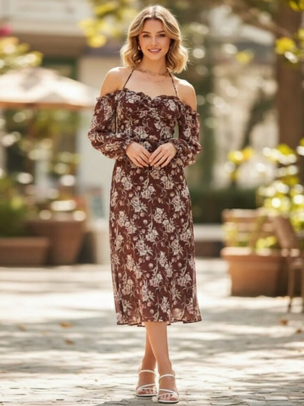 ASTR Off Shoulder Cinhced Bust Midi Dress in Brown Mauve Floral Size Small NWT